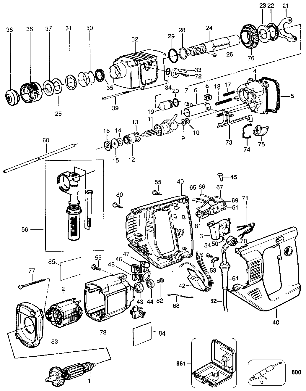 Default Diagram and Parts List for 5057K Type 200 Black and Decker Hammer